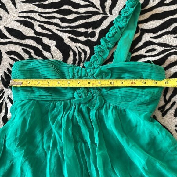 BCBG maxazaria emerald green asymmetrical one shoulder ruffle silk mini dress - Picture 14 of 16